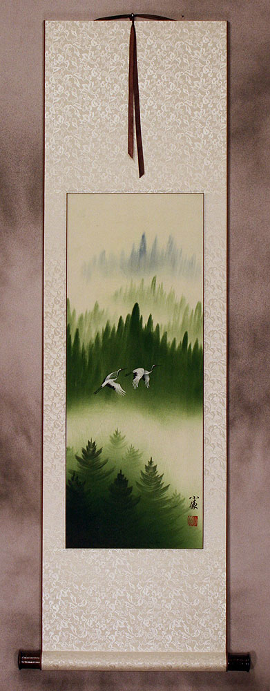 Colorful Asian Cranes Wall Scroll