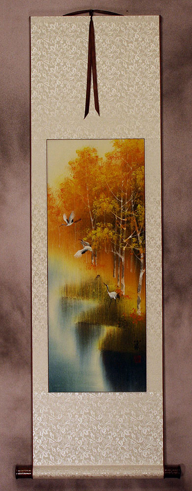 Autumn Rhyme - Colorful Cranes - Small Wall Scroll
