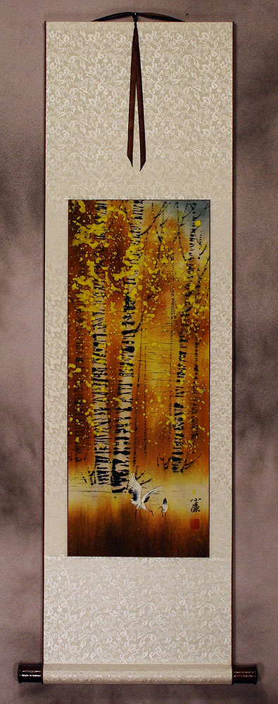 Autumn in Birch Forest - Asian Cranes - Small Wall Scroll