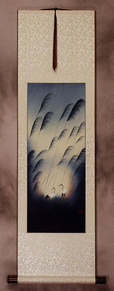 Colorful Asian Cranes Wall Scroll