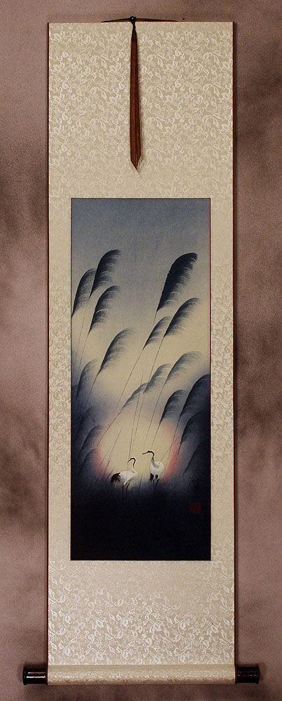 Colorful Asian Cranes Wall Scroll