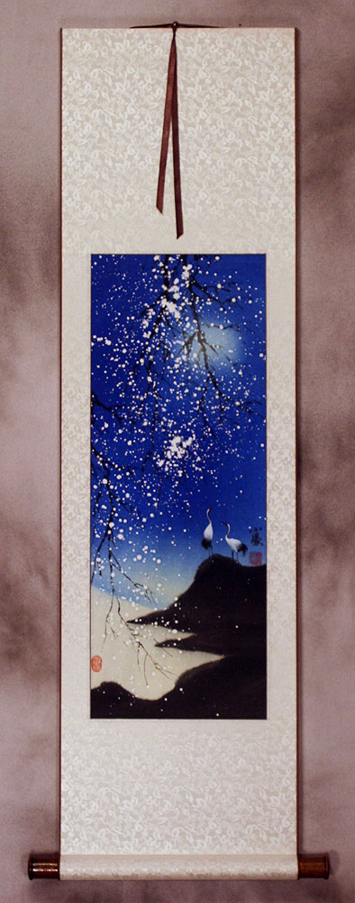 Colorful Asian Cranes Wall Scroll