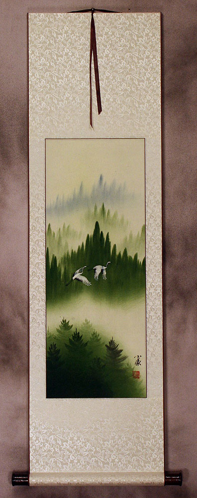 Colorful Asian Cranes Wall Scroll