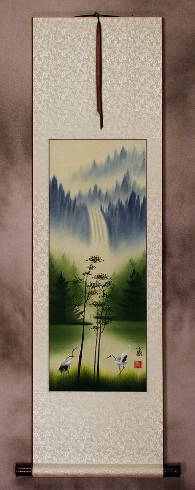 Waterfall Delight Asian Cranes Landscape - Small Wall Scroll