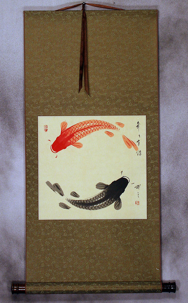 Yin Yang Fish on Gold Silk Wall Scroll
