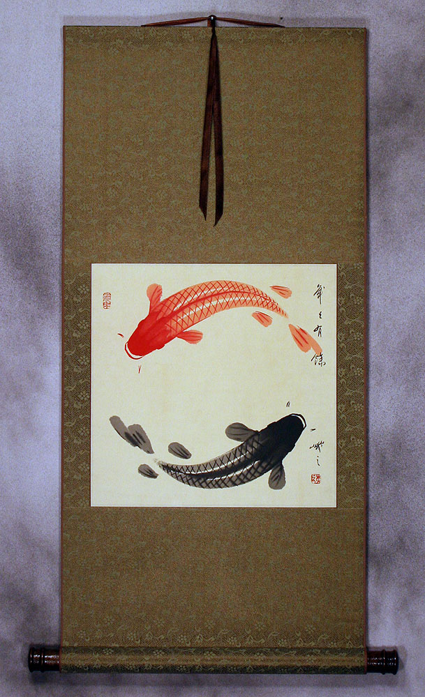 Yin Yang Fish on Gold Silk Wall Scroll