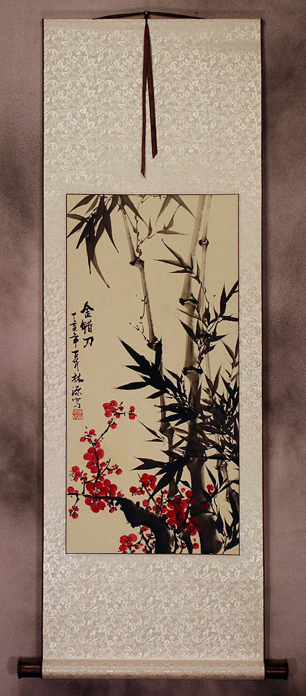 Plum Blossom and Black Ink Bamboo Chinese Scroll