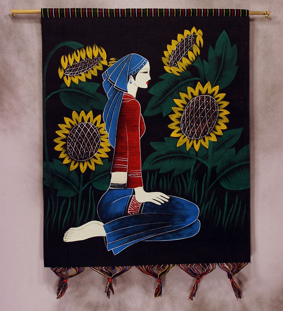 Beautiful Sunflower Girl of China Painted Batik Wall Hanging
