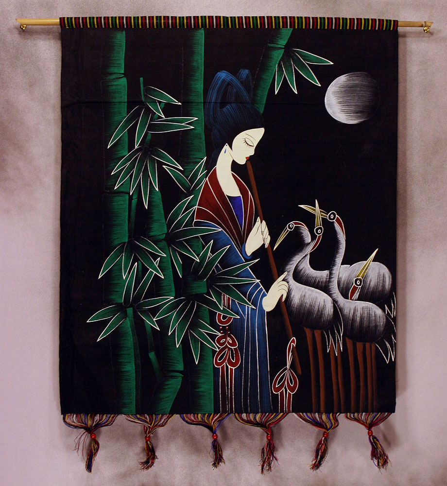 Woman Plays Flute for Jungle Birds - Colorful Batik Wall Hanging