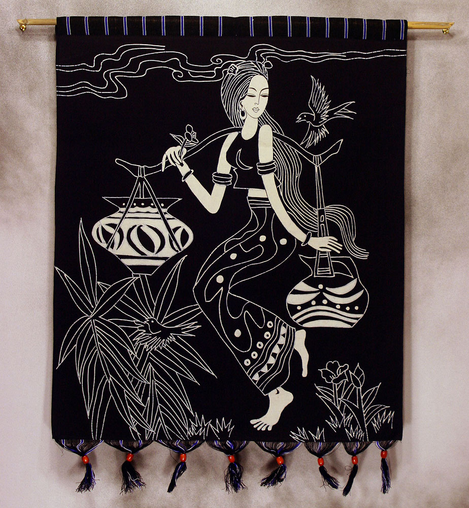 Asian Woman Carries Jugs of Water - Batik Art Wall Hanging