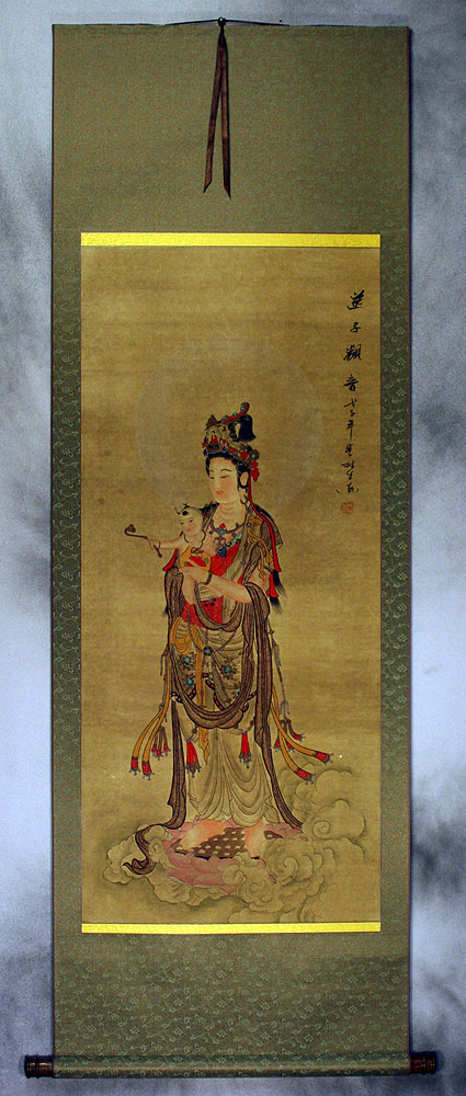 Guanyin Buddha Delivers a Child - Partial-Print Wall Scroll