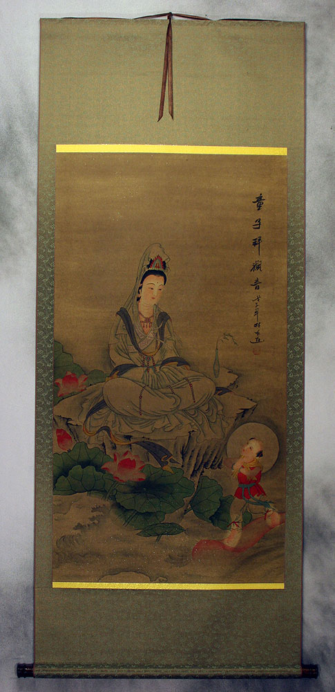 Image of Guanyin Buddha Diety - Partial-Print Wall Scroll