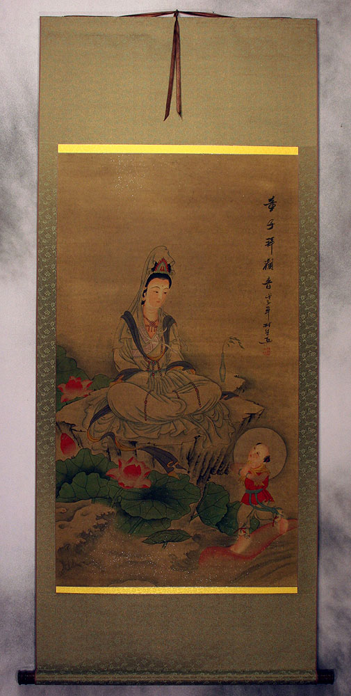 Image of Guanyin Buddha Diety - Partial-Print Wall Scroll