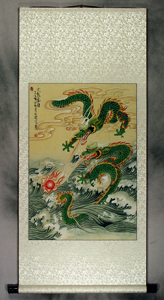 Two Dragons Pearl Fireball Revelry - Wall Scroll