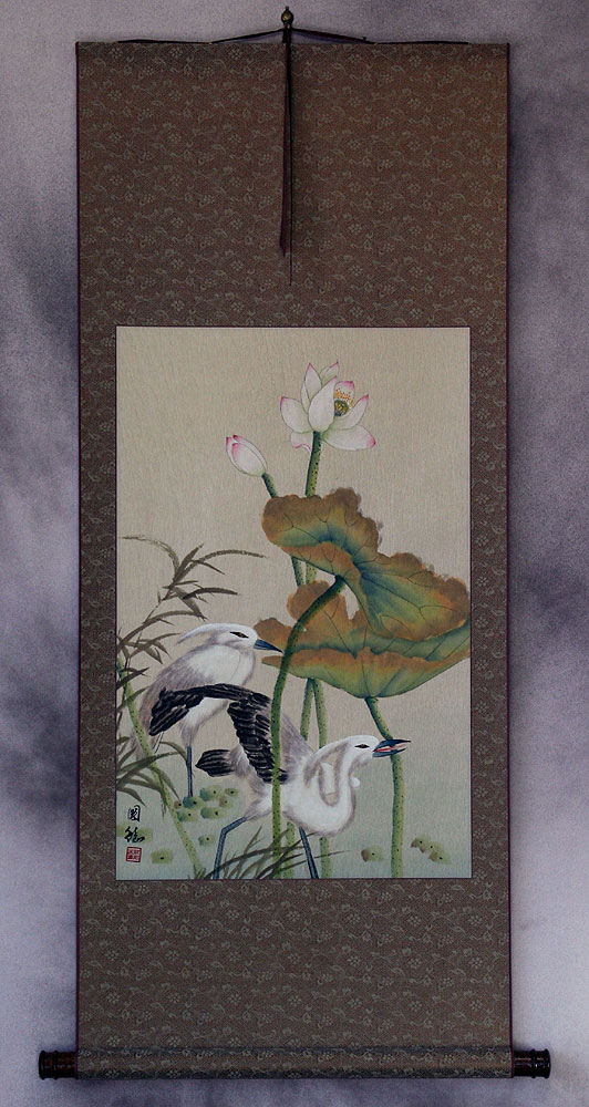 Egrets and Lotus Flower Wall Scroll