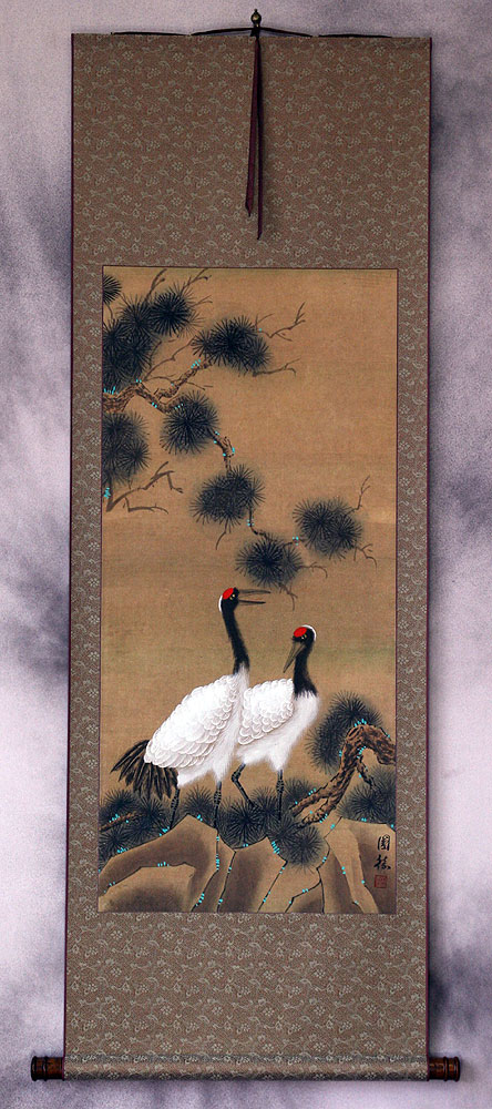 Antique-Style Cranes and Pine Tree Wall Scroll