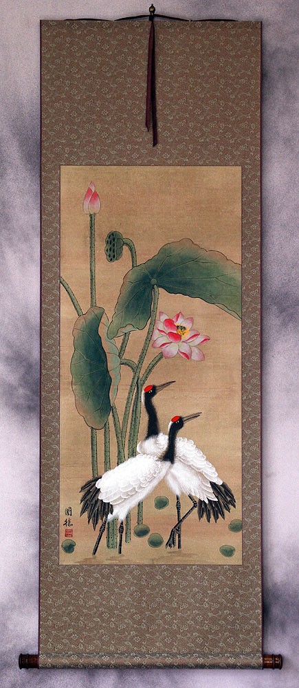 Antique-Style Cranes and Lotus Flower Wall Scroll
