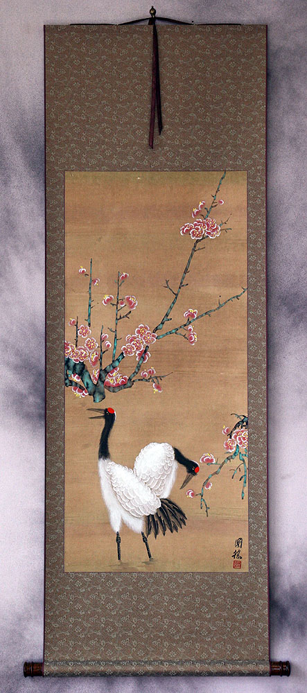 Antique-Style Cranes and Plum Blossom Wall Scroll