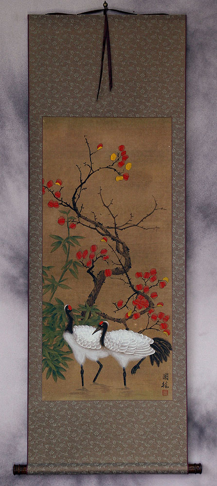 Antique-Style Cranes and Plum Blossom Wall Scroll