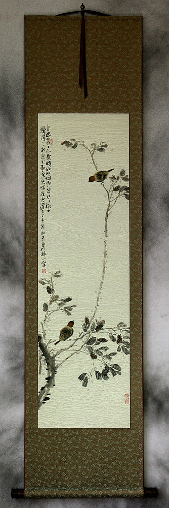 Birds and Persimmon Branch Wall Scroll