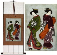 Geisha & Servant Carrying a Shamisen Box Japanese Print Hanging Scroll