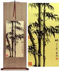 Asian Bamboo on Copper Brocade Silk Wall Scroll