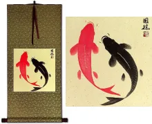 Classic Yin Yang Symbol Fish Brocade Wall Scroll