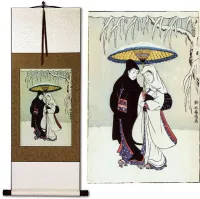Lovers in the Snow<br>Japanese Woodblock Print Repro<br>Hanging Scroll