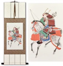 Samurai on Horseback Japanese Print Repro Silk Wall Scroll