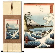 Mount Fuji Waves Landscape<br>Japanese Woodblock Print Repro<br>Hanging Scroll