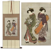 Geisha & Servant Carrying a Shamisen Box<br>Asian Print Repro<br>Wall Scroll