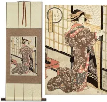 Geisha<br>Midnight Rain<br>Japanese Woodblock Print Repro<br>Hanging Scroll