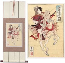 Female Samurai Hangaku<br>Japanese Woodblock Print Repro<br>Silk Wall Scroll