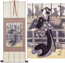 Geisha on the Veranda<br>Japanese Woodblock Print Repro<br>Silk Wall Scroll