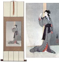 Courtesan with a View of the Rain<br>Japanese Woodblock Print Repro<br>Silk Wall Scroll