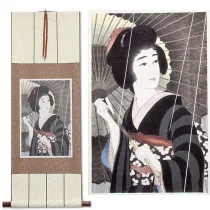 Rain Woman & Parasol Japanese Woodblock Print Repro Hanging Scroll