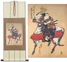 Samurai Awashima Kainosuke on Horseback Japanese Print Hanging Scroll