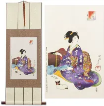 Woman Sewing Asian Woodblock Print Repro Wall Scroll