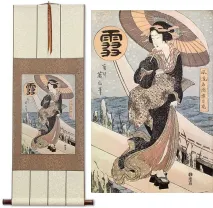 Beauty in the Snow Japanese Woodblock Print Repro Hanging Scroll