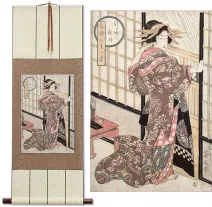 Geisha<br>Midnight Rain<br>Shoji Screen<br>Japanese Woodblock Print Repro<br>Silk Wall Scroll