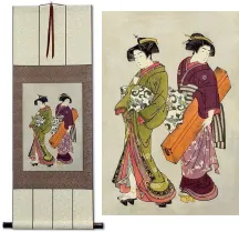 Geisha & Servant Carrying a Shamisen Box Japanese Print Wall Scroll