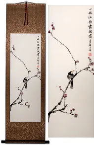 Splendid Branch of Red and Frosted Dew Bird on Branch Wall Scroll