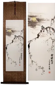 Listening Quietly to the Night Moon Bird on Branch Wall Scroll