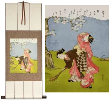 Young Women Beneath a Cherry Tree Japanese Print Repro Hanging Scroll