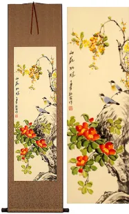 Mountain Flower Brilliance<br>Asian Bird and Flower Wall Scroll
