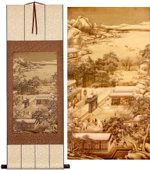 Chinese Ancient Village Landscape Print Silk Wall Scroll