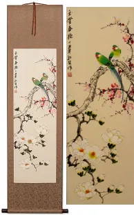Birds With Yulan Flowers & Plum Blossoms Wall Scroll