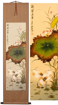 Fragrant Lotus Breeze<br>Egrets and Lotus Flower WallScroll