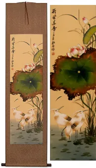 Fragrant Lotus Breeze Egrets and Lotus Flower Wall Scroll