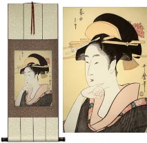 Geisha or Geigi<br>Japanese Woman Woodblock Print Repro<br>Silk Wall Scroll
